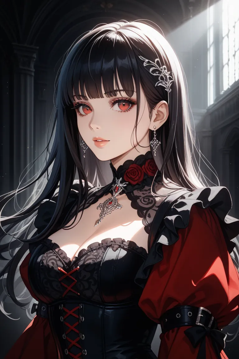 22-year-old female。 black hair。long hair。Crisp eye shape。Eye color is red。black and red gothic fashion。The hair on the sides is long。bangs are slightly transparent。The expression is cool。