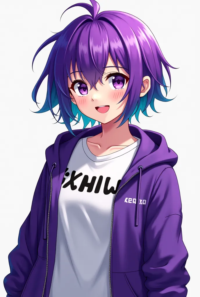 Girl with short and disheveled purple hair with a few teal locks in a purple jacket with the white anime style t-shirt