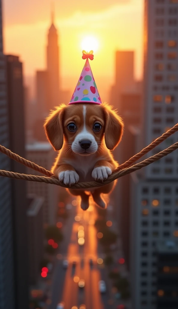 The image captures a whimsical and imaginative scene featuring a small, fragile beagle puppy, an adorable pup suspended high above a cityscape at sunset. The pup, with a shiny tan coat and large, wide, teary eyes, appears almost cartoonish in its cuteness....