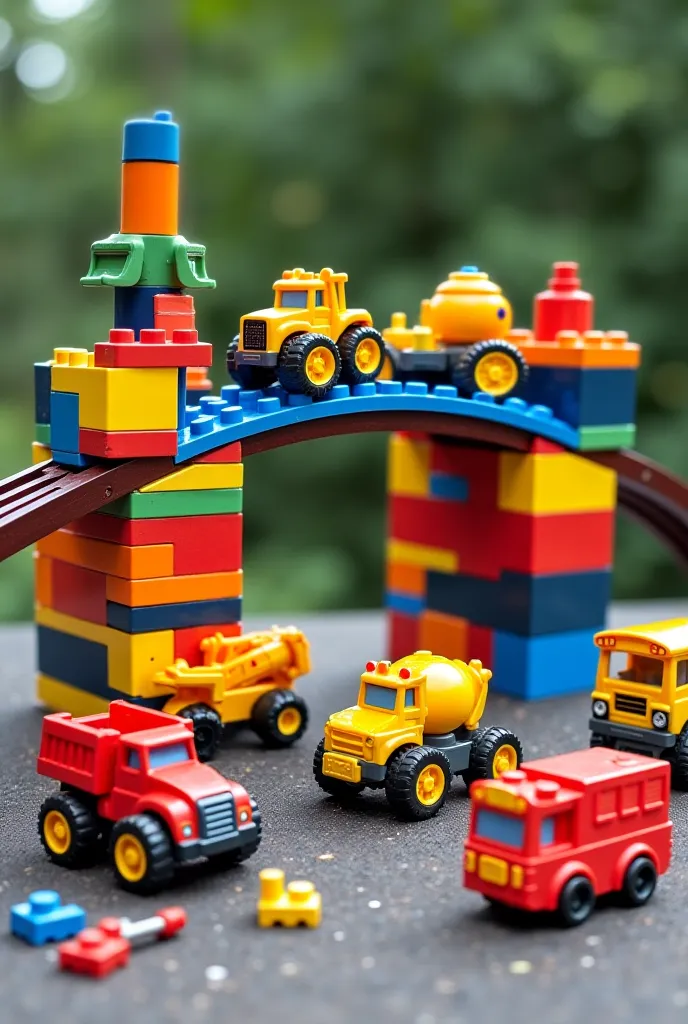 This image shows a colorful bridge made from plastic building blocks, with various toy construction and utility vehicles placed on and around it. The scene appears to be set outdoors in a natural environment with trees in the background. The vehicles inclu...