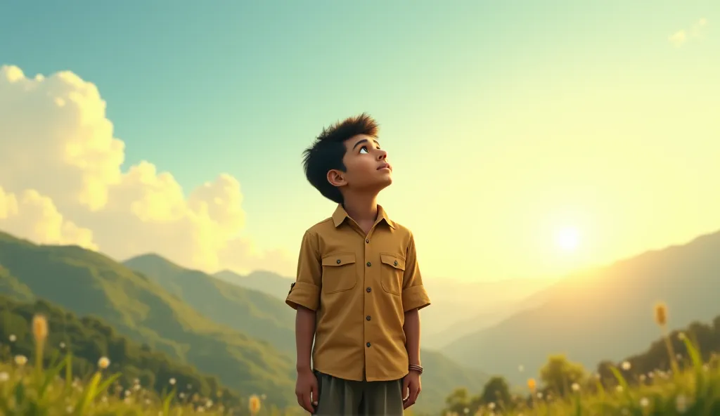 A young boy named Raju looking at the sky, imagining himself as a successful and accomplished man, with a sense of ambition in his eyes.