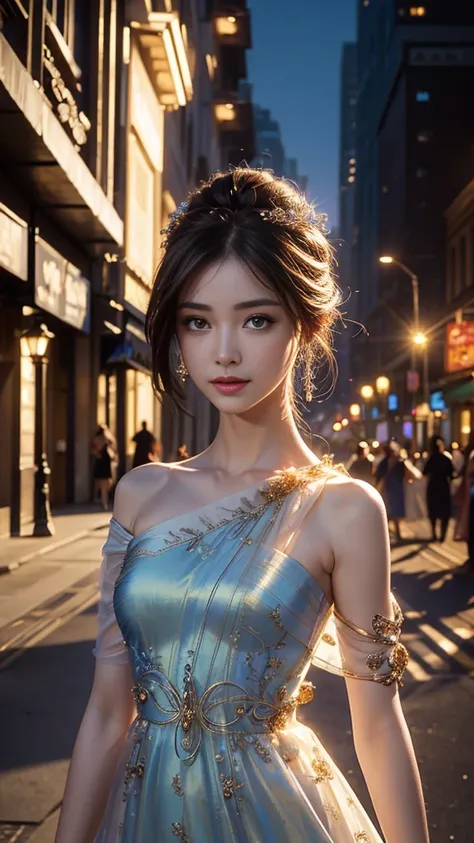 8K, UHD, Masterpiece, extreme quality, 1 girl, good face, detailed eyes, very long hair, detailed lips, small breasts, detailed empress fantasy dress, blue thread dress, ((thread dress:1.4)), lace, (bare one shoulder:1.5), flowing sardine, beautiful fantas...