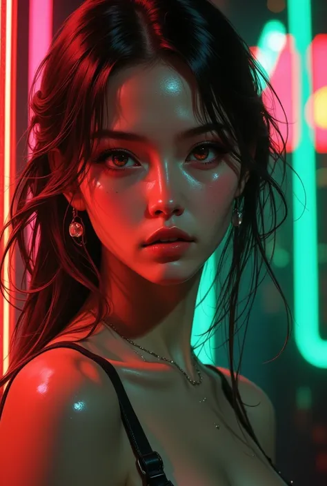 A woman with long, dark hair that appears to be partially illuminated by vibrant neon lights. Her face is the focal point of the image, with her features highlighted by a mix of red and green lighting. The light creates a striking contrast, casting intrica...