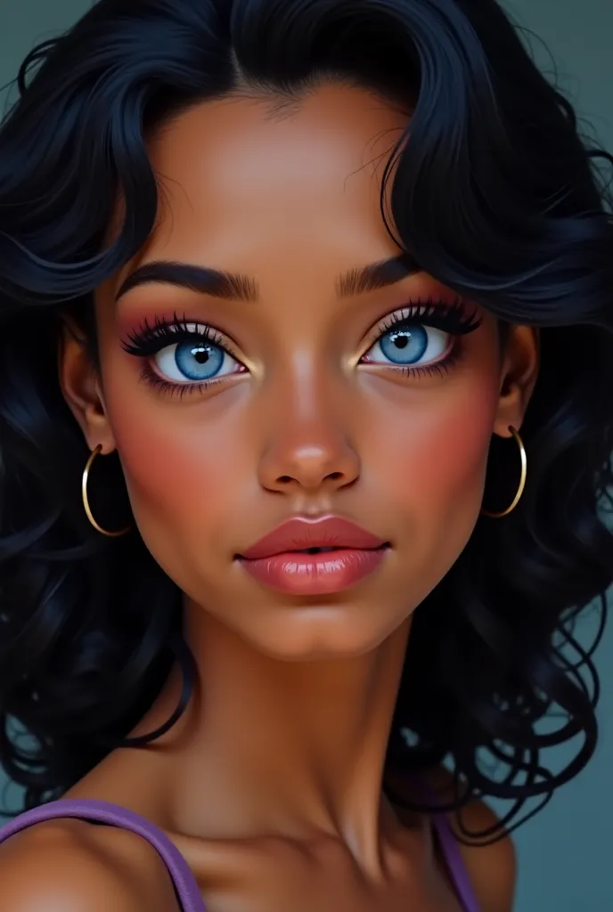 Make a young woman with brown skin, violet blue eyes, an upturned nose, long eyelashes, thick and straight eyebrows and plump lips, and curly/wavy thick black hair