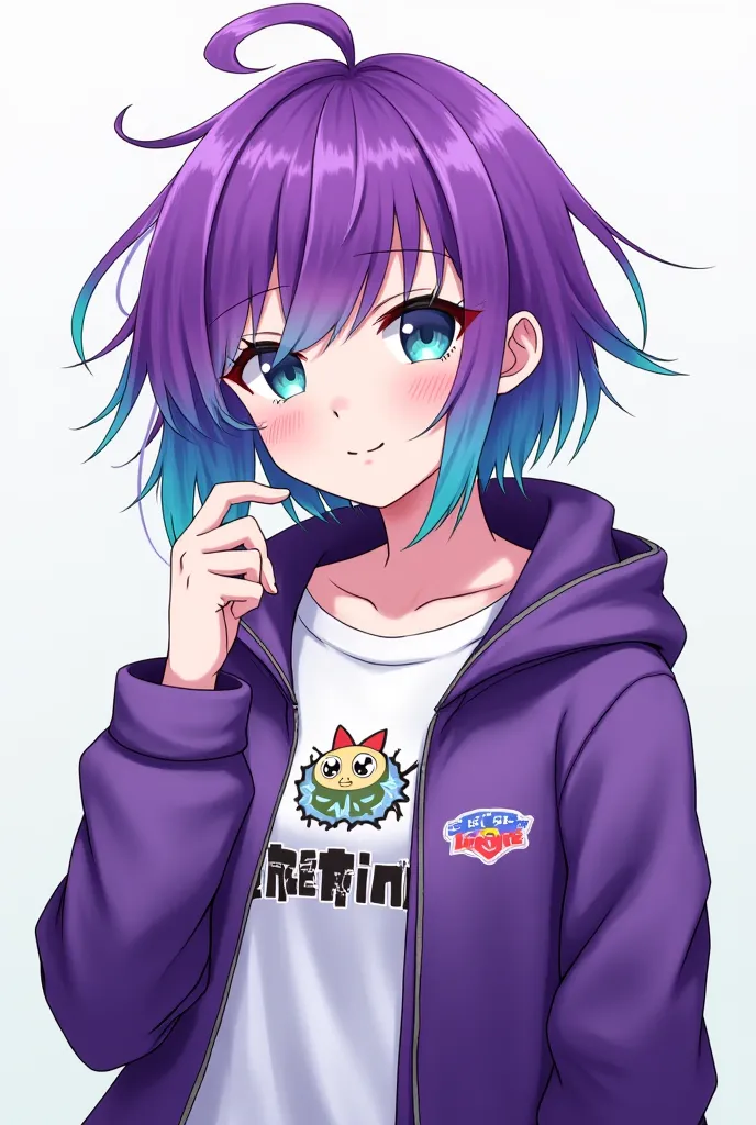 Girl with short and disheveled purple hair with a few teal locks in a purple jacket with the white anime style t-shirt