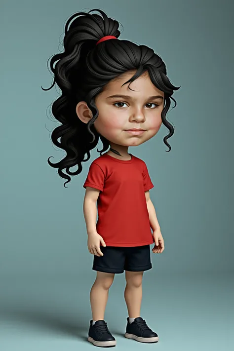 Use the exact face from the source image. Put the face into a full-body 3D Avatar of a chubby, young girl wearing black shoes, black shorts, and a red shirt. Good head-to-body proportion. Good Anatomy. Use the precise Face from the source image. Add a blac...