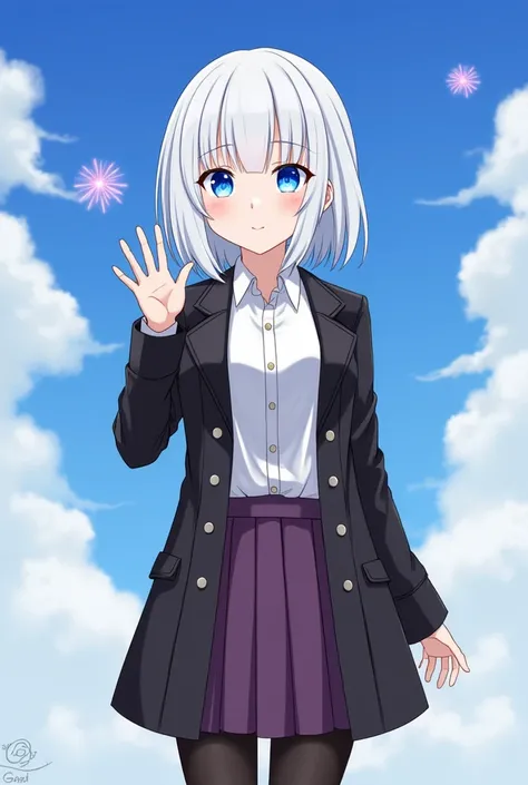 Draw, Anime girl , with blue eyes, with white bob hair. A girl is wearing a white shirt, black military coat, , a purple skirt and black stockings. A girl should give fireworks with a not the kindest face. The girl is standing against the sky with clouds, ...