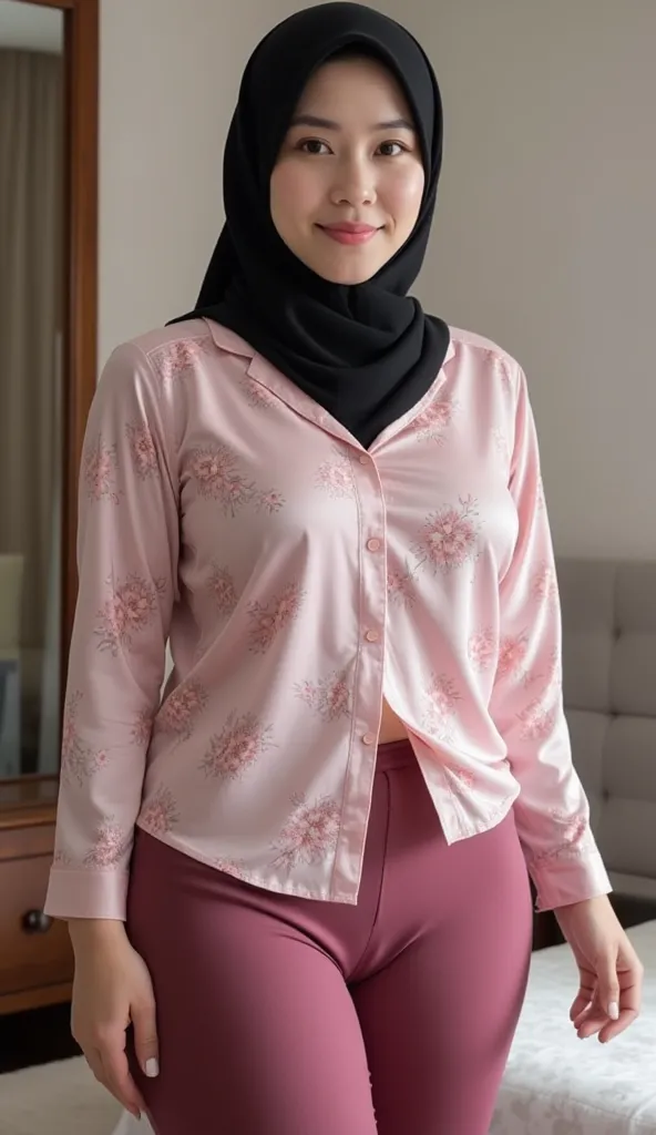 Pretty busty short body korean wife wear black hijab and wearing light maroon satin tight long pants, Plump short body shaped, walking eroticly in the bedroom, bubble buttock, full body front view, view from side front, accentuated your buttock, bubble but...