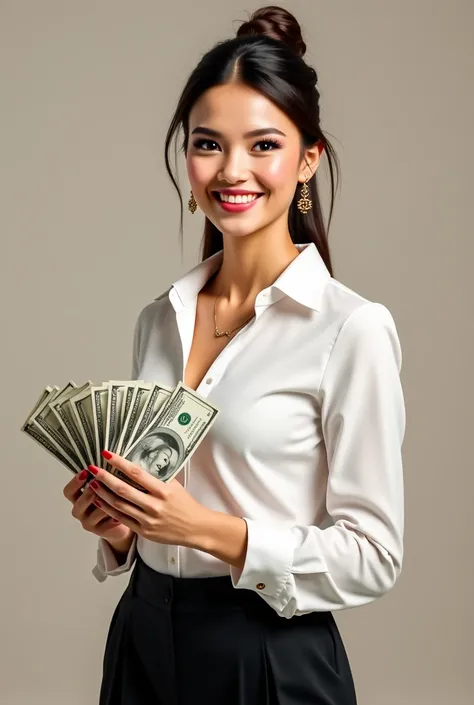 A pretty woman smiling, wearing a transparent bezel,Classic dresses including a white shirt and black pants,des coiffures moderne tenant dans ses mains des billets d'argent 