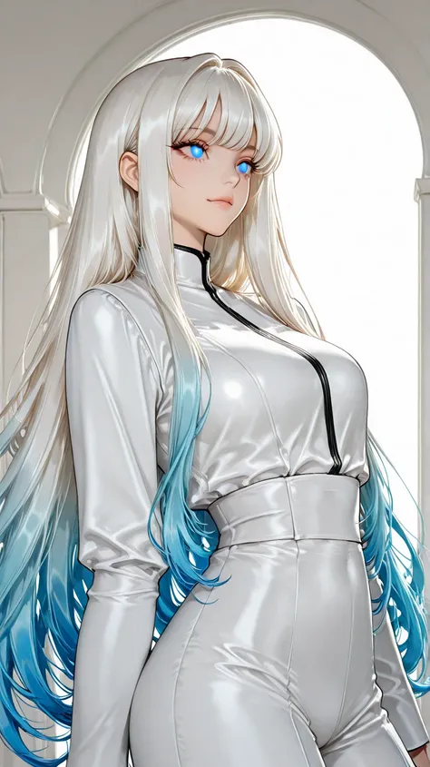 Anime character illustration, ultra-detailed digital art designed for mobile wallpaper. A charismatic heroine with long, flowing pastel hair and large, expressive eyes, wearing a sleek futuristic outfit with intricate, modern and traditional accents. Rende...