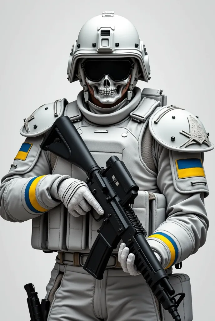 All photos in gray-white-black tones do not need a full-length, vertical picture. White-Gray color sets. MIlitary man in armor and helmet with m4. And ukraine (blue-yellow) square stripe on body and arms. And have mask with skull on face. ALL PHOTO IN whit...