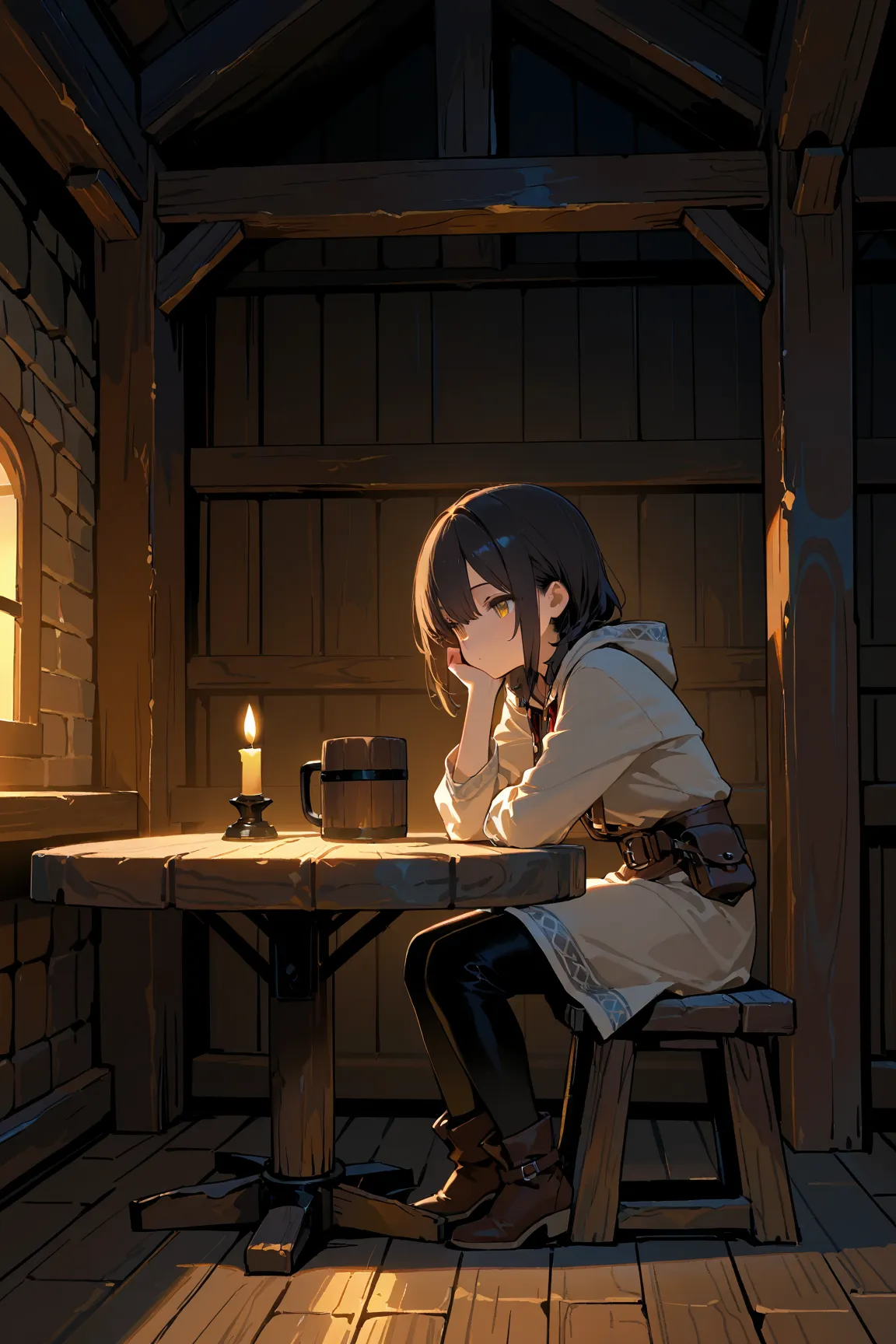 masterpiece:1.2, 8k resolution, ultra-detailed, highly detailed, detailed texture:1.4, cinematic lighting, atmospheric depth, balanced lighting, warm and lively tavern atmosphere, human female character, face partially obscured by shadow, eyes hidden in da...