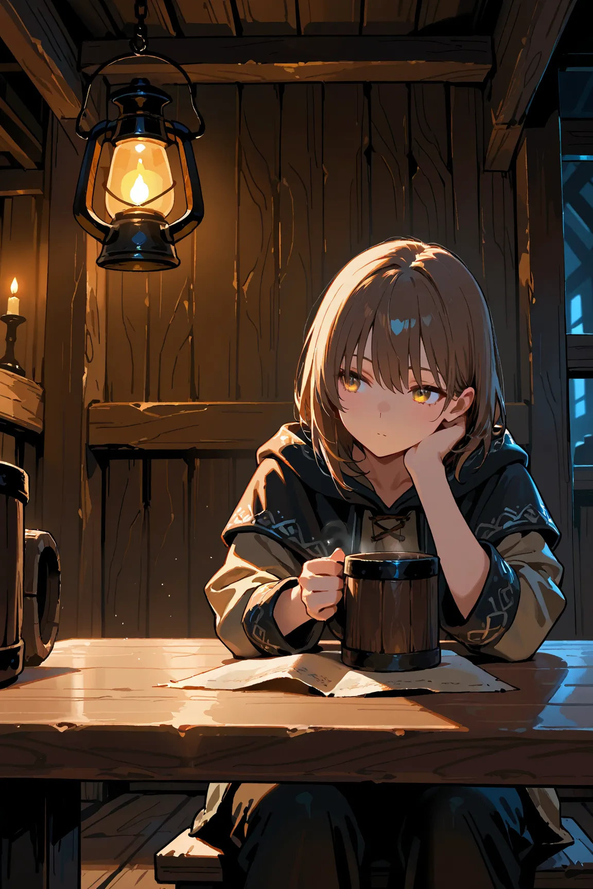 masterpiece:1.2, 8k resolution, ultra-detailed, highly detailed, detailed texture:1.4, cinematic lighting, atmospheric depth, balanced lighting, warm and lively tavern atmosphere, human female character, face partially obscured by shadow, eyes hidden in da...