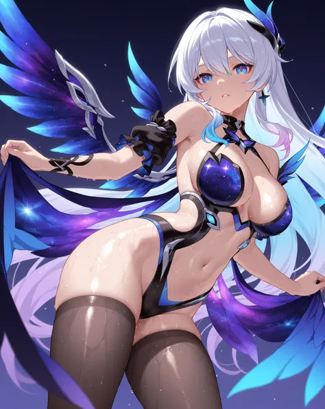 Honkai Impact 3 、Kiana、best image quality、  best thighs、beautiful breasts、wet body、Galaxy Eyes、Galaxy Wings、Neon Hair 、black tights、shiny skin