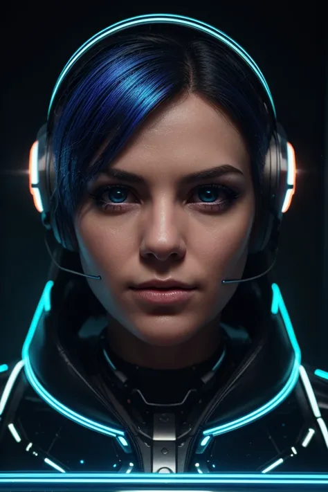 A realistic human head seamlessly merged with intricate mechanical parts. The skin is partially replaced with polished metal plates, gears, and glowing blue circuits. One eye is replaced by a cybernetic lens emitting a neon glow. The hair is transformed in...