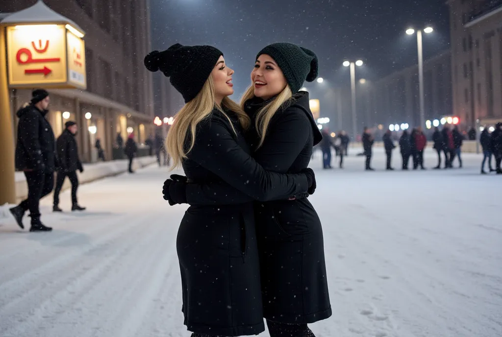 2 women over 30 , friends are hugging(Lena & Oksana), laugh,from frost,blond long hair,black cockerel headdress,  grey eyes, spout, sponges,  Cute face , upper body, of Slavic appearance, giant breasts,black fitted long winter coat, on top dark scarf,  wid...