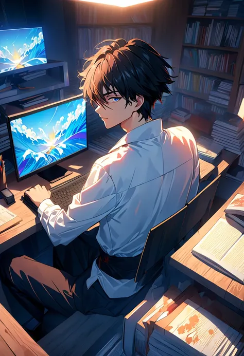 Anime man sitting at a desk using a laptop and monitor, anime style 4k, 4k anime wallpaper, Badass Anime 8k, 4k Manga Wallpaper , Young Anime Guy, Anime Boy, anime wallpaper 4k,  anime wallpaper 4k ,  high quality anime art style ,  anime Moe art style, An...