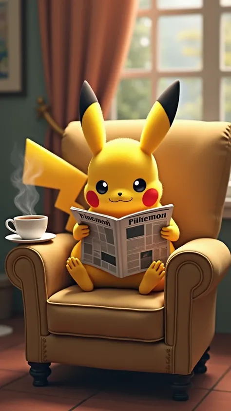 A Pikachu is sitting on a chair, drinking coffee and reading a newspaper