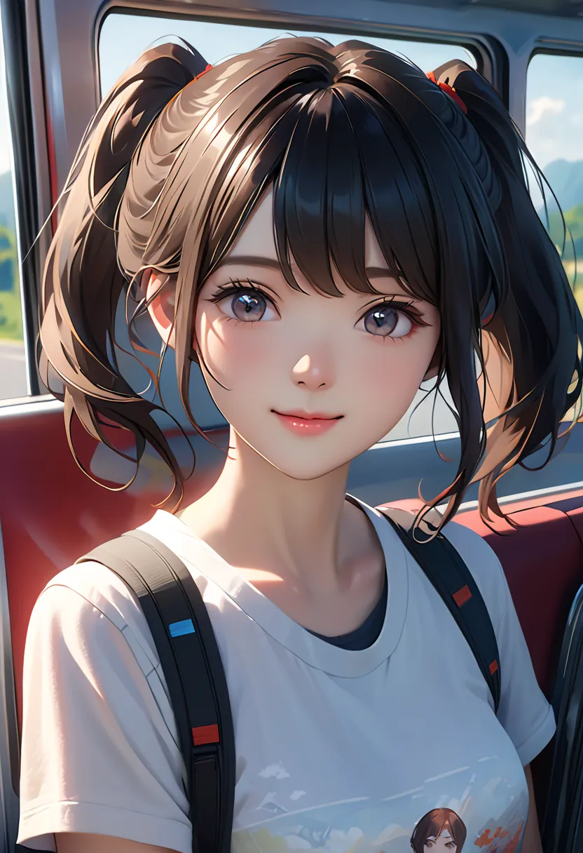  realistic photo of cute Korean woman, uneven twin tails, light makeup, medium bust size,  A slight smile, Color T-shirt, On the bus,   clear facial features with sharp and realistic details, Sony FE, , cinematic writing, advanced details, UHigh Resolution...