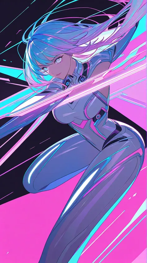 Anime character illustration, ultra-detailed digital art designed for mobile wallpaper. A charismatic heroine with long, flowing pastel hair and large, expressive eyes, wearing a sleek futuristic outfit with intricate, modern and traditional accents. Rende...