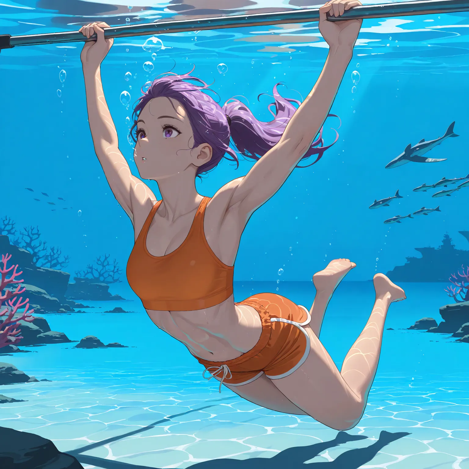 High resolution, Super detailed, Best Quality, masterpiece, 8K, 4K, beautiful background, the best aesthetics, (flat color:0.6), 1girl, a little muscular, athletic build, swimming underwater, training, purple ponytail, orange tank top bra, orange shorts, o...