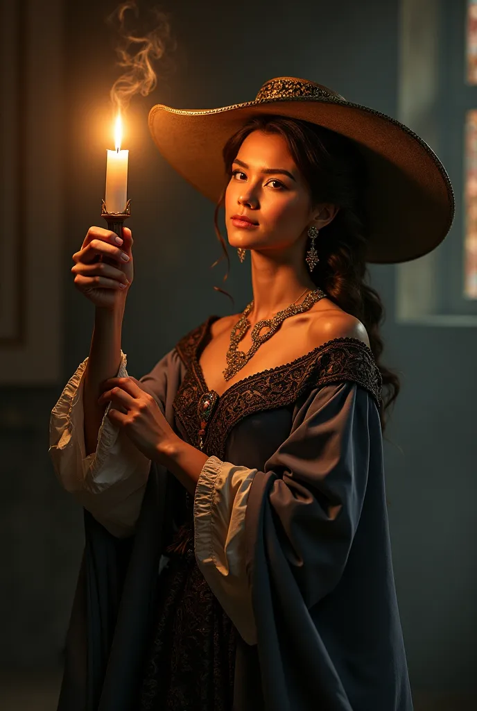 Pictures of a bright candle in the hand of a noble woman wearing a noblemen's hat 