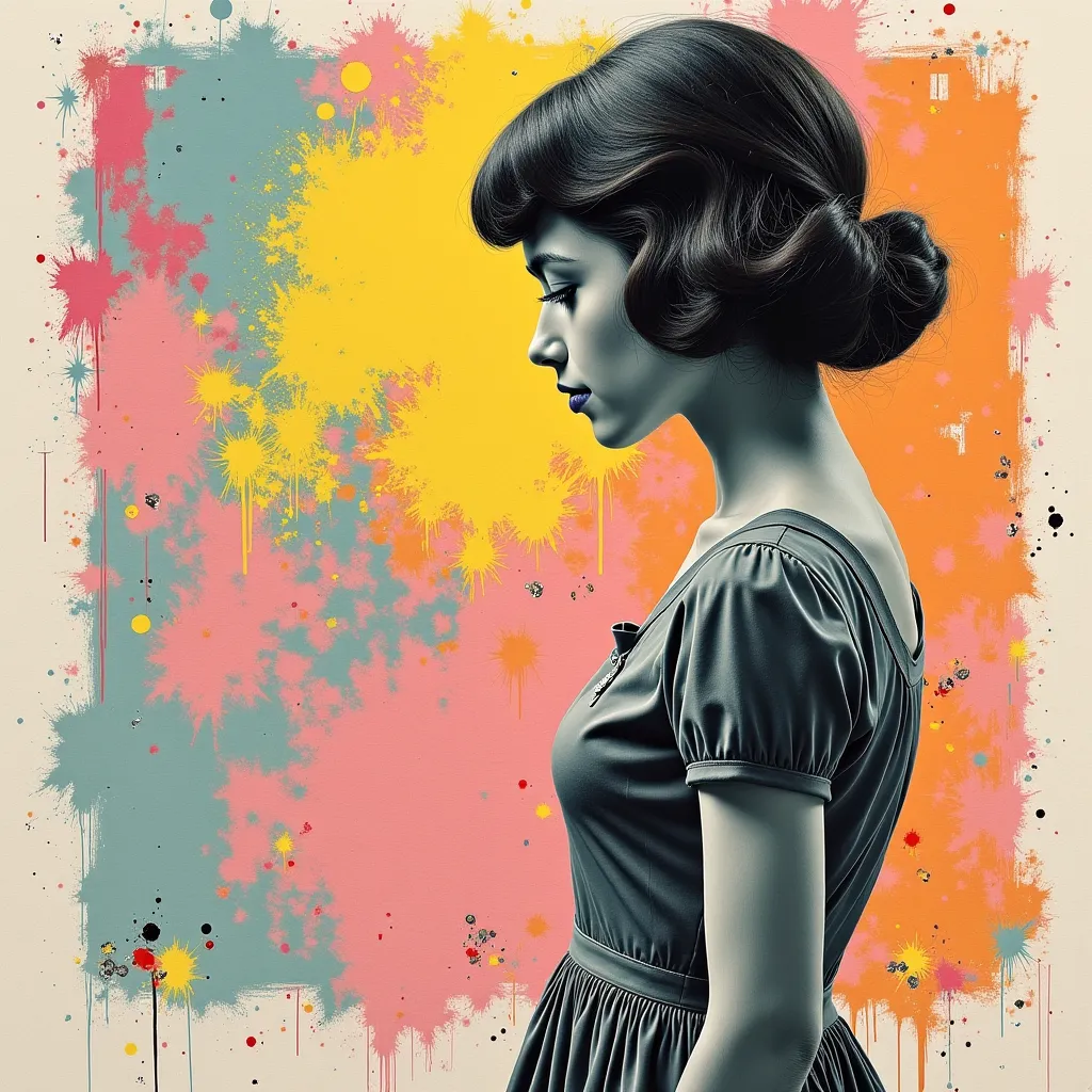 Create a multi-layered pop art scene combining iconic vintage pop art images and modern art. The base layer is an old—school pop art collage made up of iconic 1950s pop art images in slightly faded pastel tones. The second layer shows a girl in a vintage d...