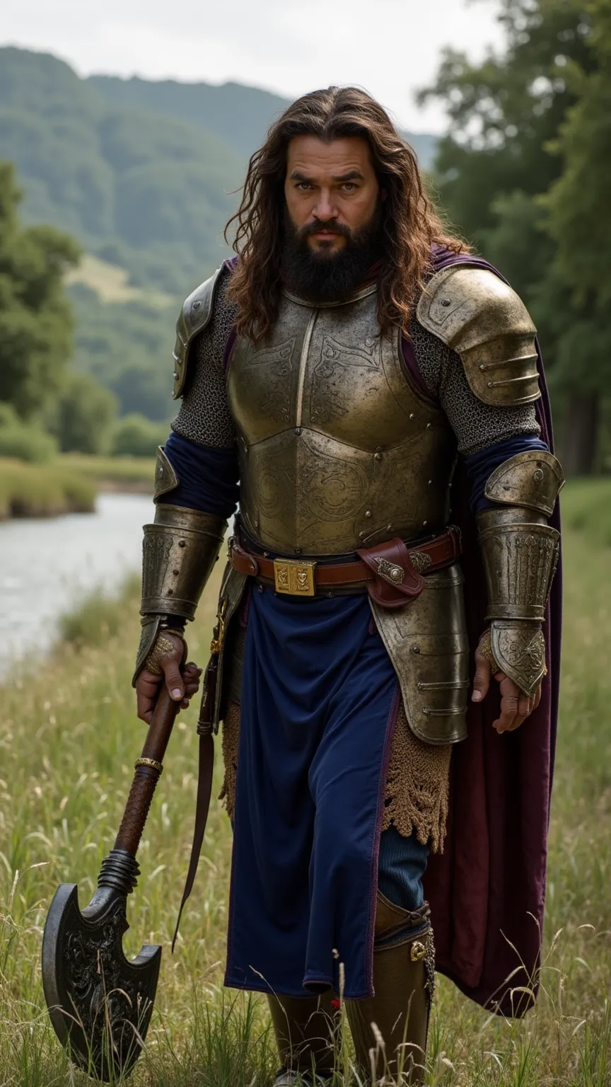 Jason Momoa as a knight walking and carrying a battle axe､dramatic atmosphere, 1 man､He has deep-set hazel eyes and long, wavy dark brown hair cascading past his shoulders, framing his strong jawline.

He wears a magnificent suit of polished steel armor wi...