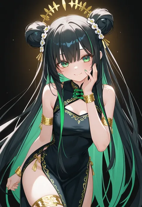 A beautiful young woman with long black hair and bright green eyes, styled in two high buns decorated with flowers. She wears an elegant dark blue qipao with golden details and a slit on the leg, revealing her fair skin. Her expression is playful and frien...