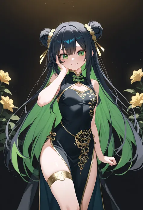 A beautiful young woman with long black hair and bright green eyes, styled in two high buns decorated with flowers. She wears an elegant dark blue qipao with golden details and a slit on the leg, revealing her fair skin. Her expression is playful and frien...