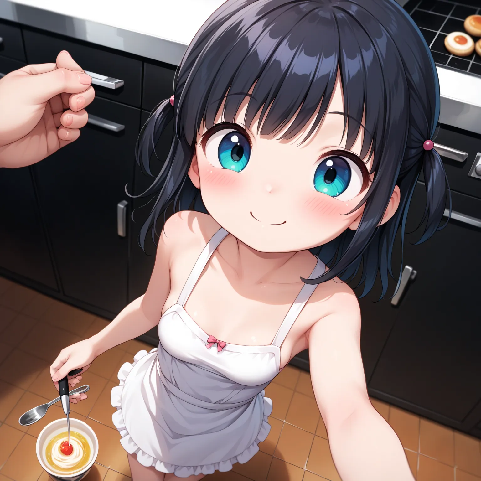 (masterpiece, best quality:1.4), (8k, ultra-detailed, anime style:1.2), cute young sister,, big eyes, small nose, detailed hair, small breasts, bright background, (anime:1.3), Naked white Apron:1.4), loli, little, ultra cute kawaii:1.6), kitchen, smile, lo...