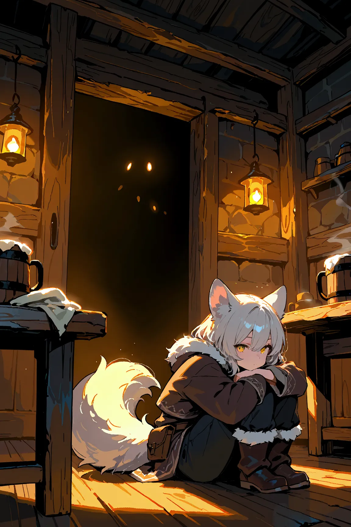 masterpiece:1.2, 8k resolution, ultra-detailed, highly detailed, detailed texture:1.4, cinematic lighting, atmospheric depth, balanced lighting, warm and lively tavern atmosphere, beastkin female character, face partially obscured by shadow, eyes hidden in...