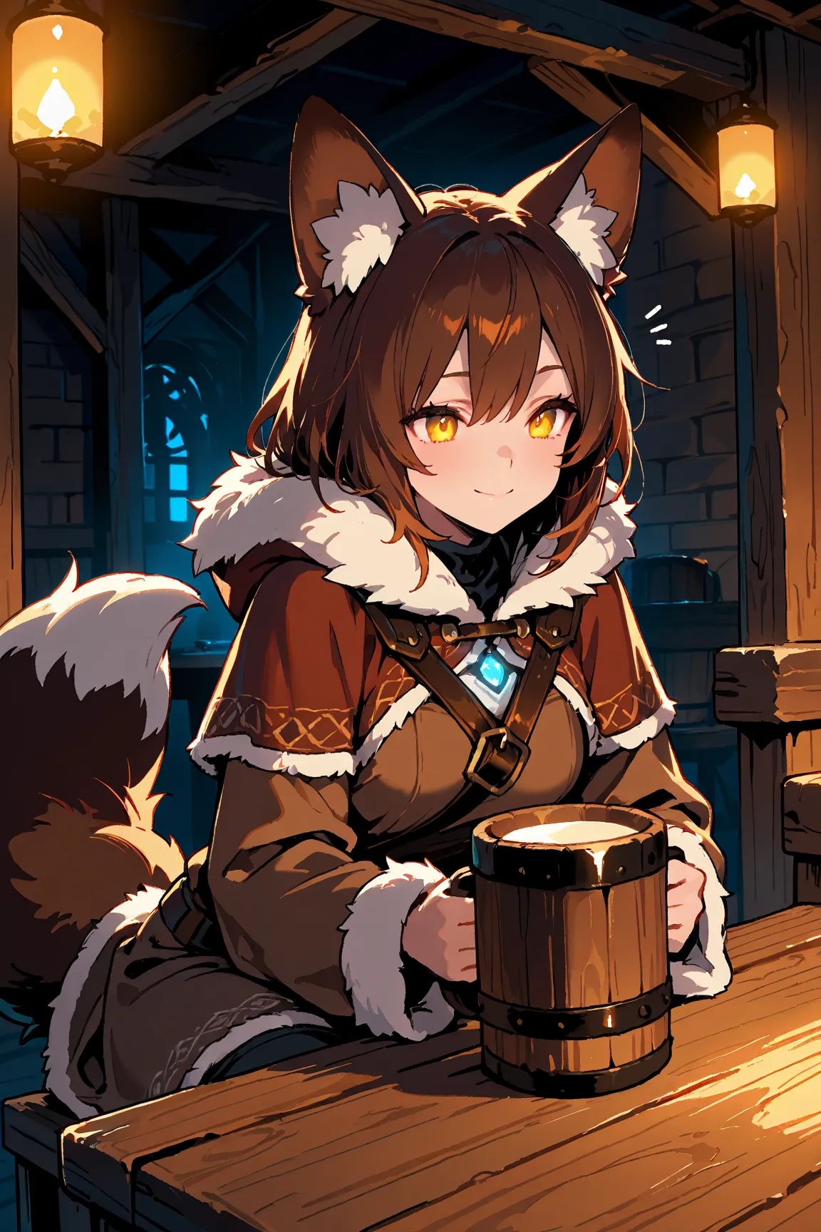 masterpiece:1.2, 8k resolution, ultra-detailed, highly detailed, detailed texture:1.4, cinematic lighting, atmospheric depth, balanced lighting, warm and lively tavern atmosphere, beastkin female character, face partially obscured by shadow, eyes hidden in...