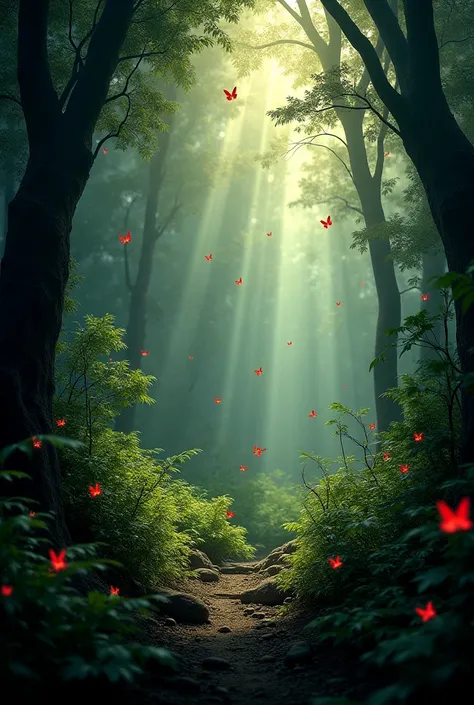 A mystical forest with lush vegetation, small reddish butterflies. The tone is dark and suspenseful. Some sun rays penetrate the darkness illuminating tracts of forest.