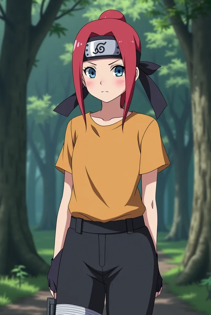 (capture d&#39;écran, Style d&#39;anime Naruto, une fille femme, peau blanche , Taille moyenne, yeux bleus foncé, cheveux rouge foncé clair, Long, queue attaché, bandeau métallique , vêtements de ninja sanada , pantalon court noir et T-shirt jaune oeuf, av...