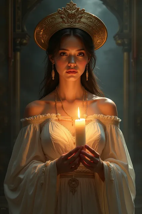 Pictures of a bright candle in the hand of a woman wearing a noble hat