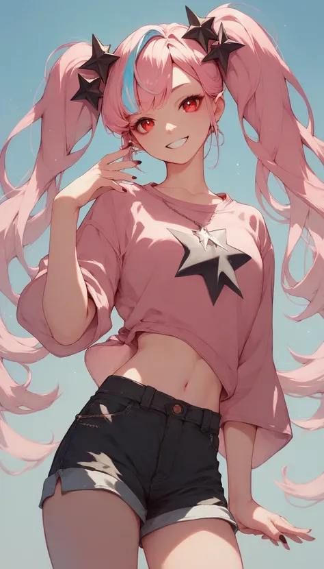 girl with evil smile with pink hair with pigtails with light blue highlights with red eyes and a pink shirt with a black star and black shorts