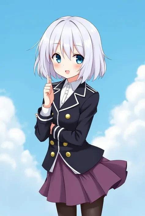 Draw, Anime girl , with blue eyes, with white bob hair. A girl is wearing a white shirt, black military coat, , a purple skirt and black stockings. A girl should show some gestures. The girl is standing against the sky with clouds, and nothing should be vi...