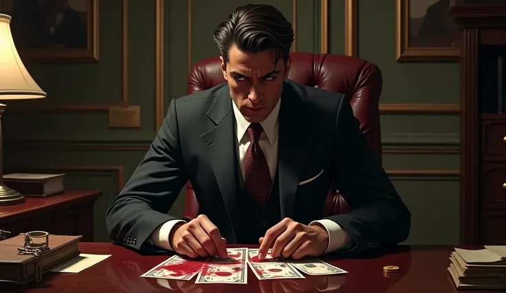 A man sits at a desk with a bloodstain on his suit, thinking with a sinister and cunning look, holding money stained with blood.