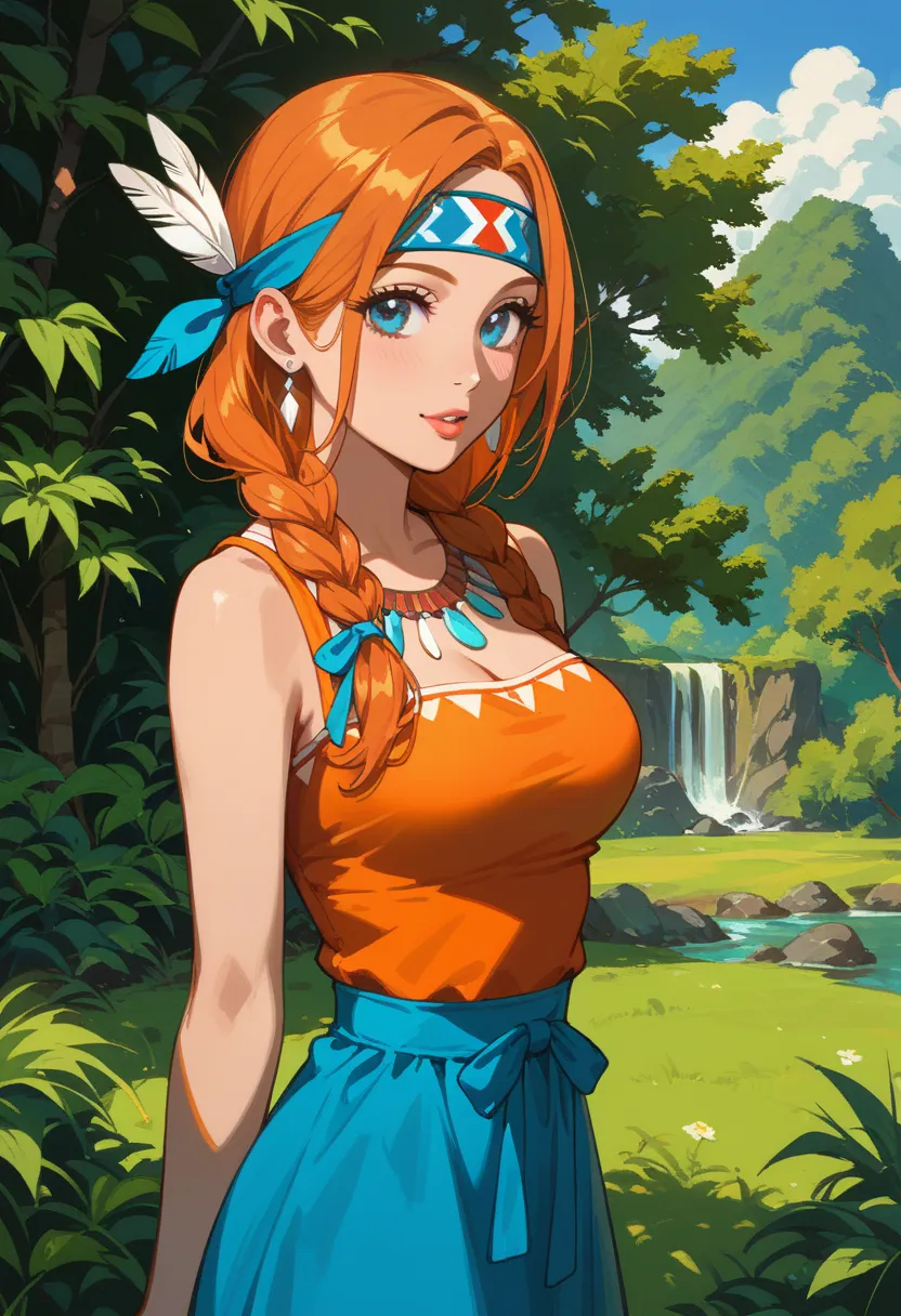 score_9, score_8_up, score_7_up,1girl, solo, bimbo,Orihime Inoue, \(artist\, @doughroomn, braided hair, orange hair, blue eyes, native american dress, , slim, outside, blue eyes,headband,light skin, native american