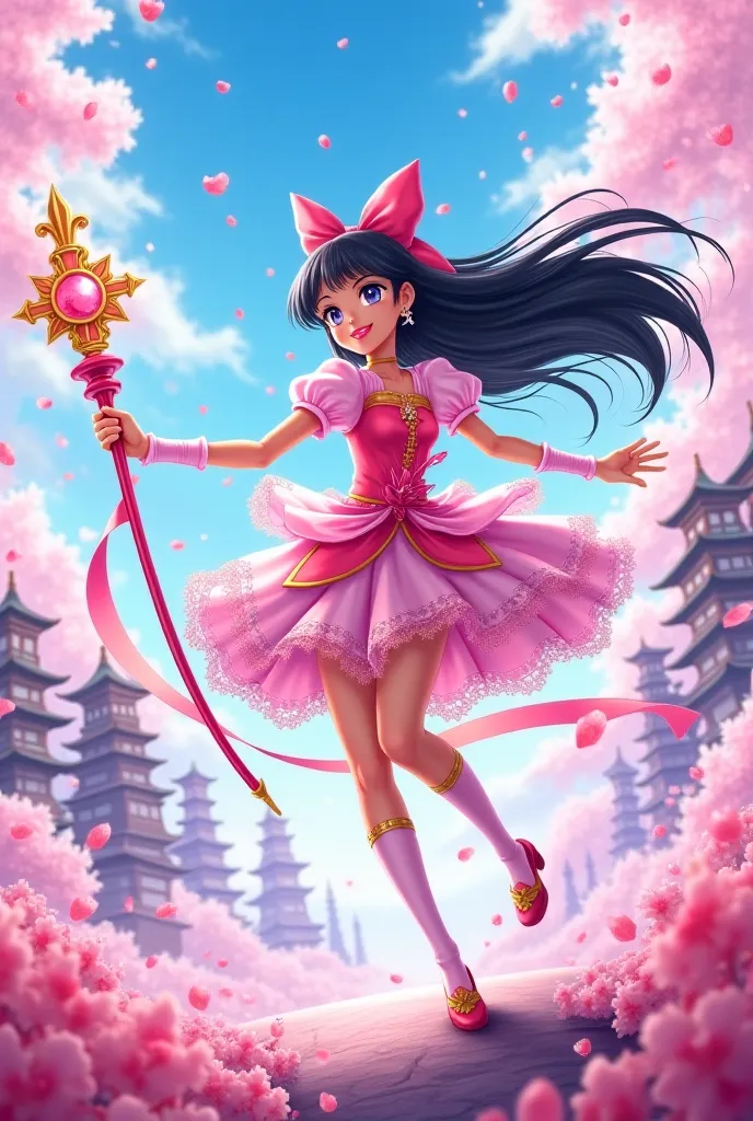 Sakura Cardcaptor magic girl style, A young girl with cute long black hair wearing a pink magic girl outfit,