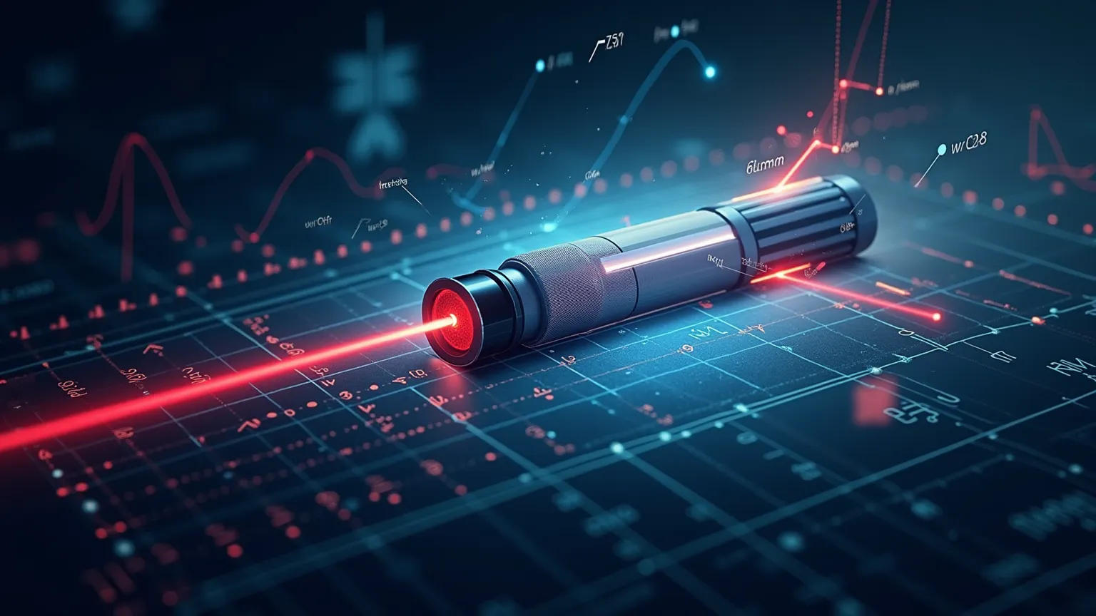 Generate a graphic that illustrates the core physics of laser technology. Include visual cues for stimulated emission, photon amplification, and light diffraction. Integrate schematic elements such as physics equations and digital grids to emphasize the sc...