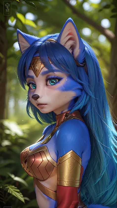 a portrait of   ((krystal)), Star Fox-Krystal, lovable,   green eyes, ((( Long blue hair 1 .3))),  cleavage, anthro, blurred,  detailed Fluffys fell, detailed face, (Fluffy),   1 girl, ,woman, Goth,   green eyes, Undercut, ultra-realistic 8k CG ,  masterpi...