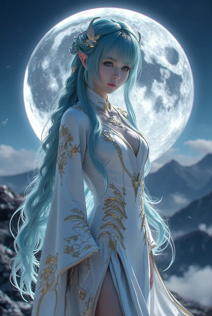 4K anime style quality, digital drawing mode, a serene and elegant adeptus with long sky-blue hair, gentle blue eyes, wearing a form-fitting qipao-like outfit with ornate gold and cloud patterns, standing atop a mountain peak in Jueyun Karst under a moonli...