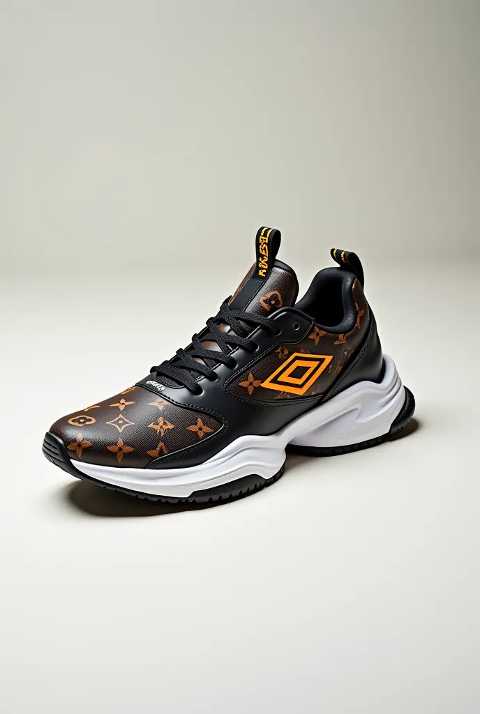 Create an image of a shoe with Louis Vuitton pattern and with Umbro logo 