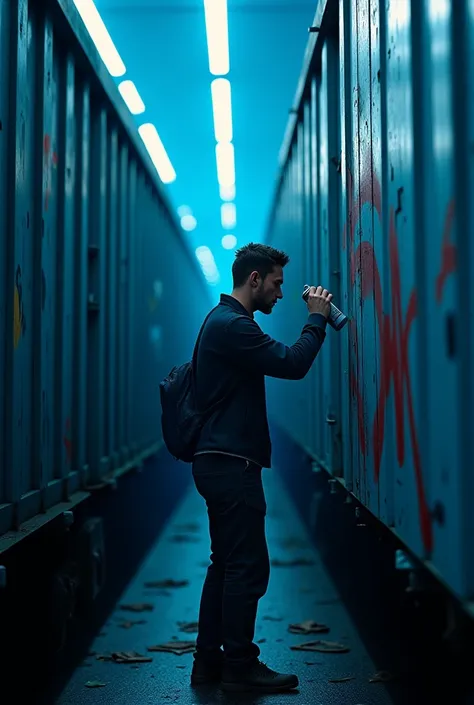 Figure of a man painting graffiti on a train realistic style the whole image in blue tones 