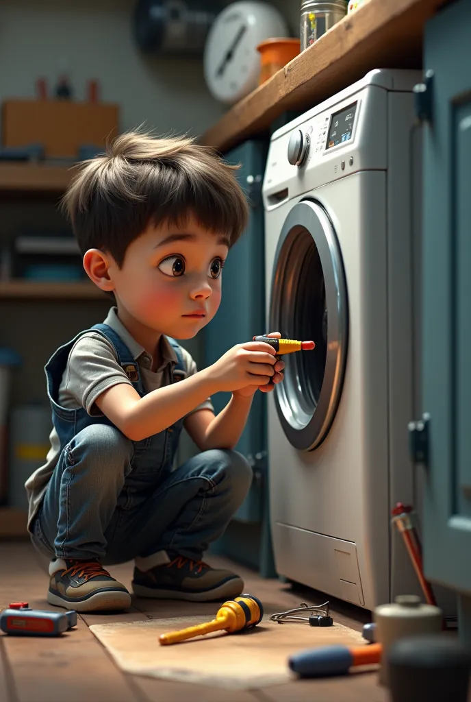 
A picture of a  boy holding a phase detector screwdriver and touching a washing machine with an electrical leak