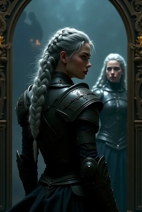 Beautiful strong Woman warrior from the back,  ,with silver hair braided  in a messy braid , dressed in fantasy female armour, standuing in front of the mirror.

