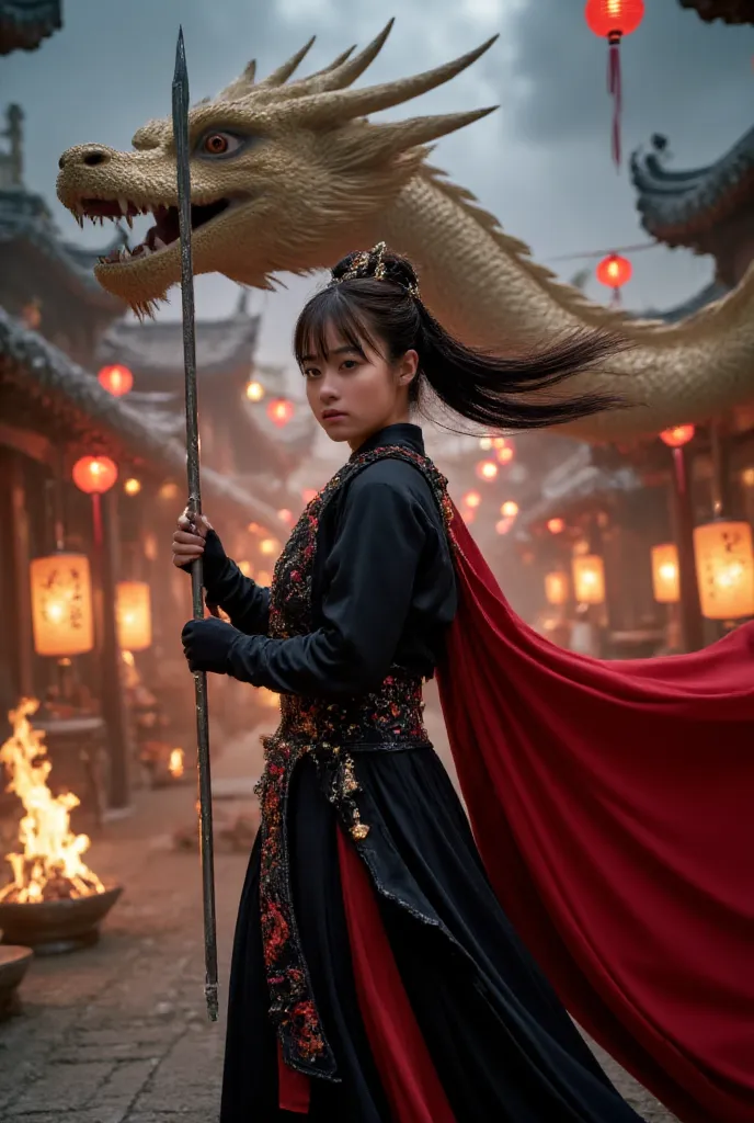 A fierce warrior princess in elegant black and red armor, standing with a long, ornate spear, ready for battle. Behind her, a majestic Chinese dragon with glowing red eyes and intricate golden scales breathes fire, illuminating the stormy night sky. The sc...