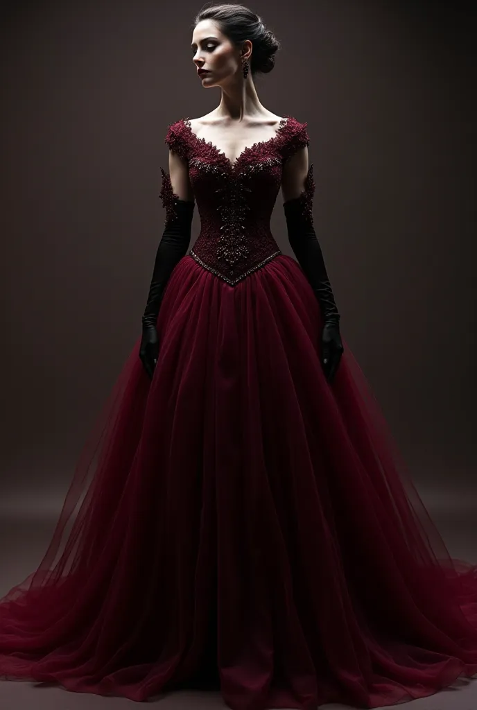 2. Dark Vampire Dress

Color: Burgundy red , black or wine red.

Design: Princess cut with tight corset and wide tulle skirt.

 details: gothic lace, red or black rhinestones and long gloves.